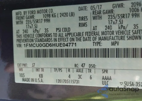 2017 Ford Escape Se from USA, damaged, VIN 1FMCU0GD6HUE04771